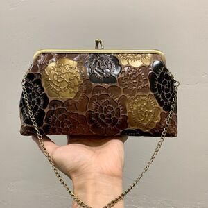 Handmade Genuine Leather Floral Embossed, Metal Frame Small Clutch/Phone Case
